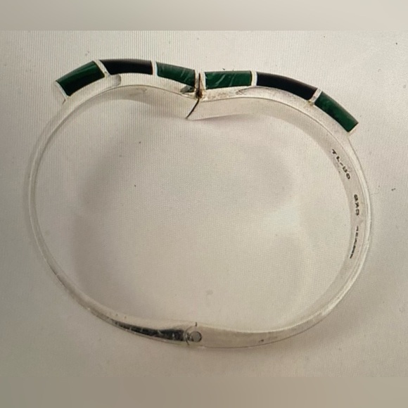 TAXCO Sterling Silver Malachite & Onyx Chevron Hinged Bracelet Stamped Mexico HP - Picture 5 of 14